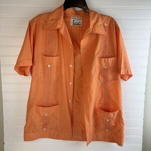 Vintage Guayabera Mens 40 Orange Short Sleeve Button Up Shirt Cuban Latin Mexico